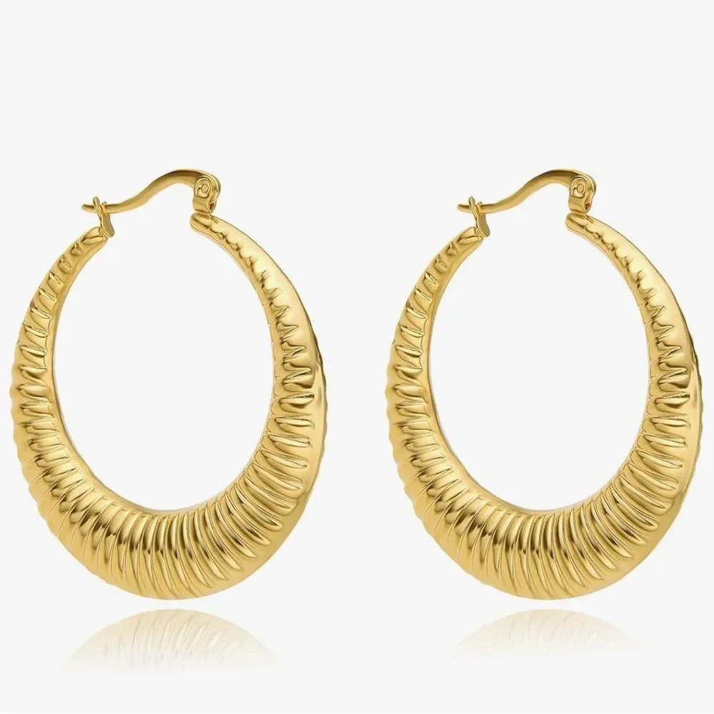 NEW Stainless Steel Gold Large Hollow Hoops Earrings